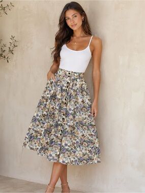 Vintage Samantha Floral Cotton Midi Skirt Made USA Size 6 Cottagecore